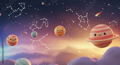 Whimsical Cartoon Planets and Constellations in a Dreamy Space Landscape.
