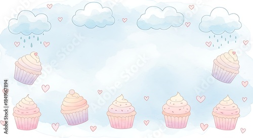 Whimsical Cupcake Dreamscape with Pastel Clouds and Gentle Rain.