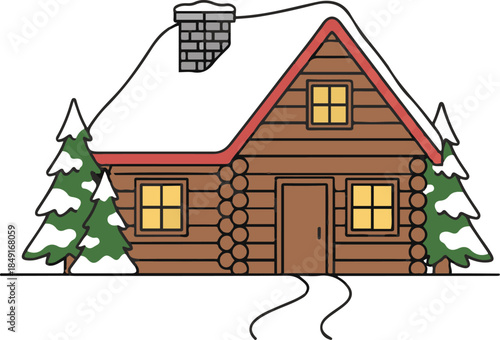 Vector illustration of a cozy wooden log cabin situated in a snowy winter landscape. 