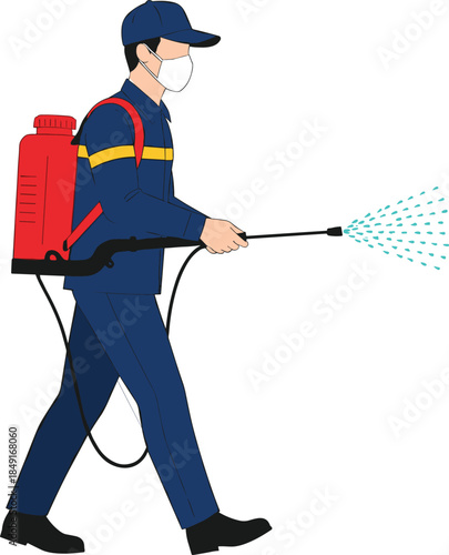 Professional pest control worker in blue uniform and face mask spraying disinfectant with backpack sprayer isolated on white background for sanitation services and industrial hygiene.