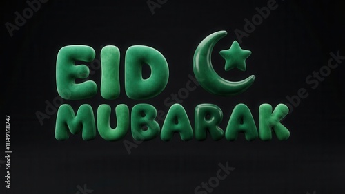 Eid Mubarak celebration with green moon and star on black background