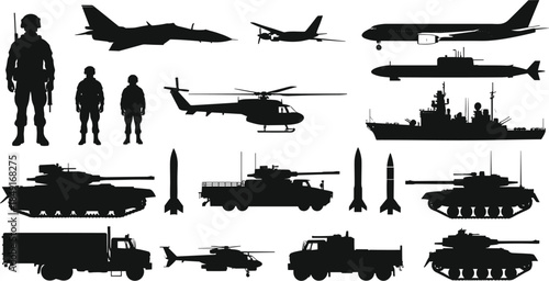 Large set of black military silhouettes featuring soldiers tanks airplanes helicopters submarines and warships isolated on white background for army defense and war concept designs.
