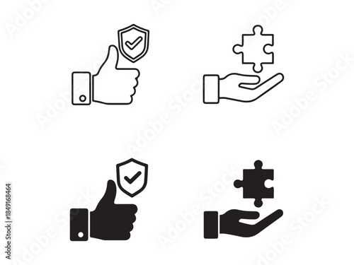 Thumb up gesture with shield icon and puzzle piece in hand line art and glyph style set