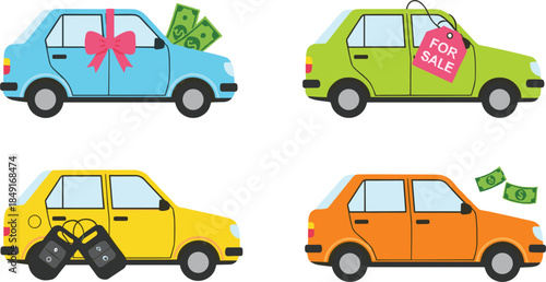Set of colorful car icons for sale and gift concepts featuring vehicles with money bow for sale tag and keys isolated on white background flat vector.