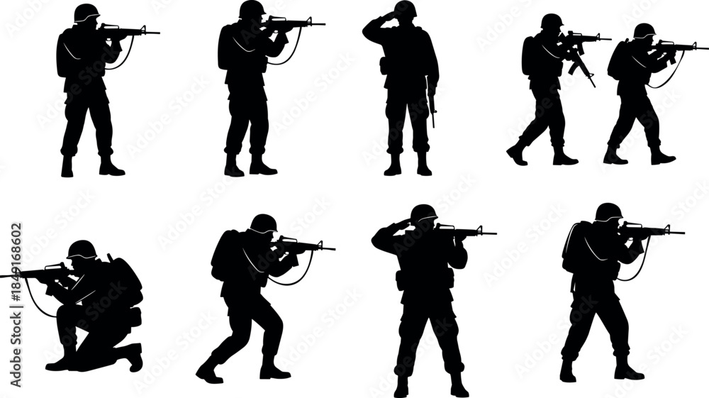 Obraz premium Set of black military soldier silhouettes in various combat poses with rifles for army training or national defense,
