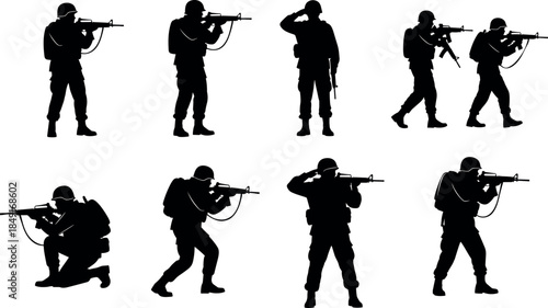 Set of black military soldier silhouettes in various combat poses with rifles for army training or national defense,