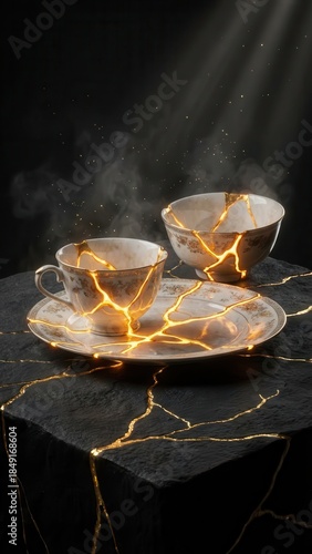 Kintsugi repaired tea set with gold lightning cracks on dark stone table
