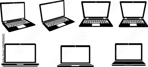 Set of black laptop computer silhouettes with open screens in different angles isolated on white background for technology