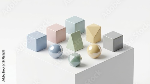 Geometric shapes arranged on a white platform with pastel colors