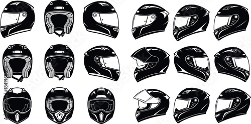 Set of black motorcycle helmet silhouettes in different angles including full face and open face isolated on white background