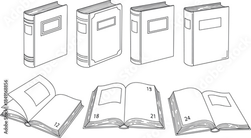 Set of closed and open book line art illustrations with numbered pages isolated on white background for education