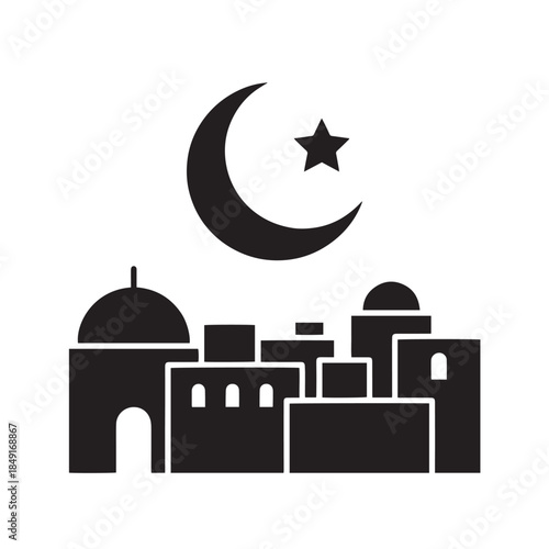 Silhouette of a mosque with moon in the night sky illustration