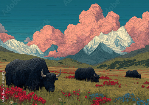 AI generator image of  herd of yaks in the flower fields of the Himalayas. Yaks are large mammals in the cattle family (Bovidae) that are well-adapted to the high plateau and mountainous environments 