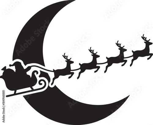 Santa Claus riding a sleigh with reindeer flying across a spooky moonlit night sky illustration