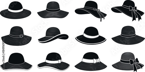 Set of elegant black women sun hat silhouettes with ribbons and wide brims isolated on a white background