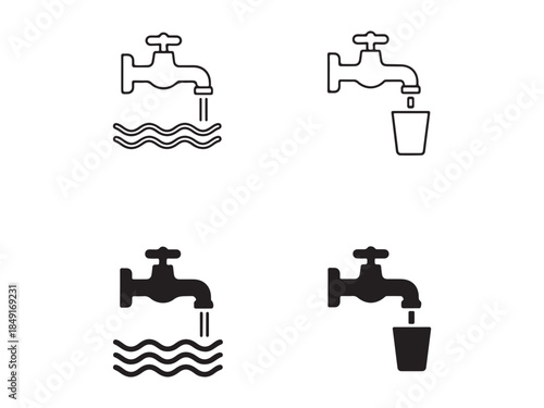 Water faucet with flowing water and filling a glass line art and glyph style set