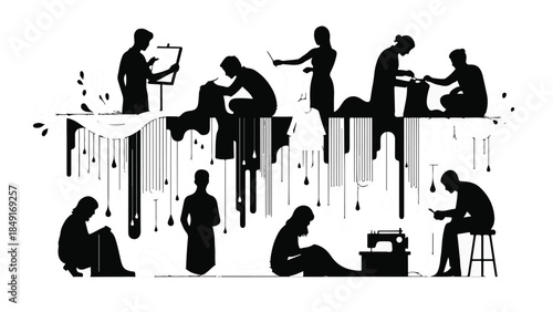 Silhouette of people working in modern office space with computers and desks, teamwork and collaboration concept, business professionals, productive workplace