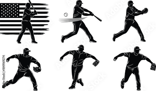 Black and white baseball player silhouette set with american flag for sports branding athlete action poses pitching hitting and catching vector illustration isolated on white background
