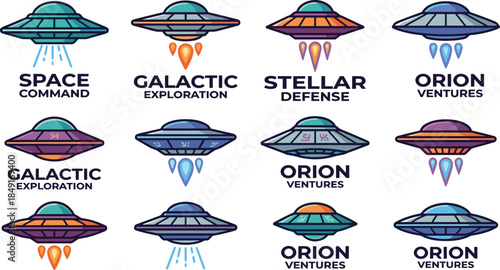 Colorful UFO spaceship logo set, futuristic alien spacecraft icons, sci fi space branding illustrations for startups, games, apps