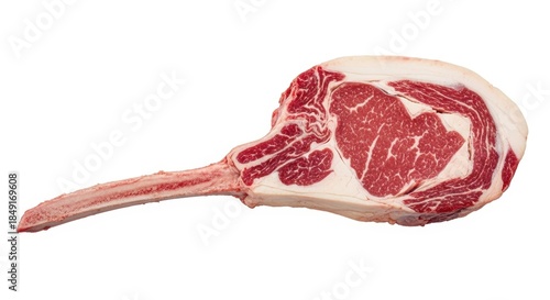 Raw Tomahawk Steak Isolated on White Background Ready for Grilling.