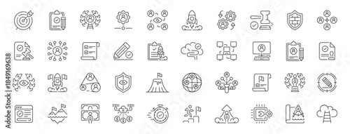 Mission line icons set. Thin line icons collection related to mission. Outline icons pack. Mission, Vision, Core Focus, Core Value, Research, Values, Excellence, Ideas, Goal illustration.