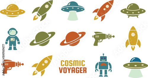 Retro space icons set with UFOs, rockets, astronauts, planets and robots, flat vintage vector illustration for sci fi design