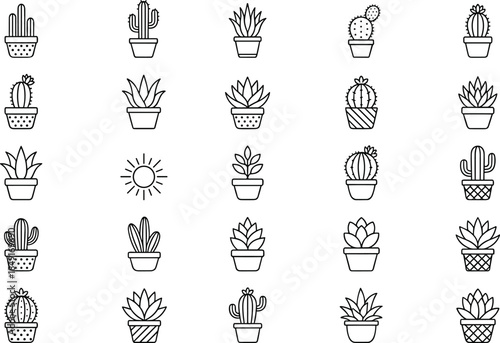 Minimal cactus and succulent line icons set, black outline potted plants collection, hand drawn botanical vector illustration for UI, print, branding
