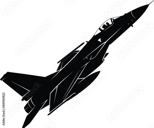 Black silhouette of a modern supersonic fighter jet aircraft in flight for military aviation air force defense aerospace technology and combat pilot concepts isolated on white background