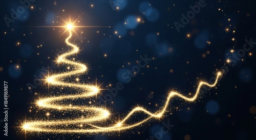 Abstract Golden Glitter Christmas Tree with Swirling Magic Dust on Dark Blue Bokeh Background Represents Luxury Holiday Greeting, New Year Celebration, and Magical Winter Atmosphere