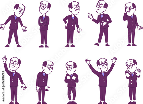 Businessman character set showing emotions and gestures, flat vector illustration.