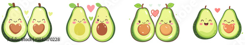 Kawaii Avocado Couples Vector Set – Cute Flat Cartoon Avocado Characters with Hearts