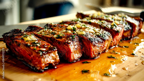 Sliced grilled skirt steak with garlic herb butter and chimichurri on a wooden cutting board.