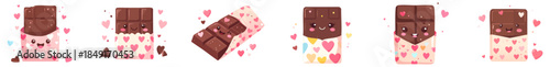 Kawaii Valentine Chocolate Bar Characters Vector Set – Cute Flat Cartoon Chocolate Treats with Hearts