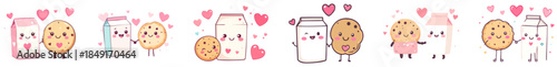 Kawaii Valentine Milk and Cookie Couples Vector Set – Cute Flat Cartoon Snack Illustrations with Hearts
