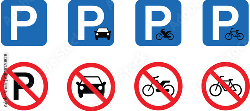 Set of parking signs with prohibition symbols and vehicle icons no parking