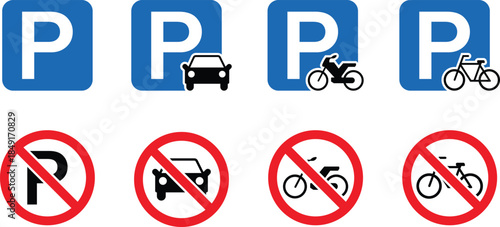Parking signs car motorcycle bicycle no parking prohibition vector