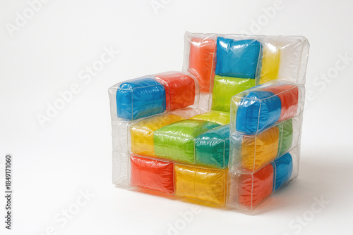 An armchair made of multi-colored soft cubes in a transparent shell. Space for text.