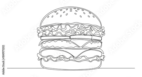 Minimalist continuous line art drawing of a delicious gourmet burger with multiple layers Vector