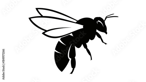 Stylized minimalist black and white illustration of a bee with detailed wing structure
