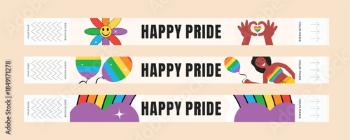 Happy Pride wristband set with rainbow patterns, LGBTQ+ festival entrance passes, inclusive equality celebration design, isolated on light background