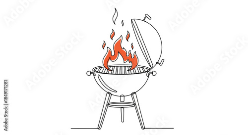 Continuous line art illustration of a backyard barbecue grill with open lid and vivid flames Vector
