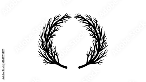 Minimalistic black and white circular design composed of abstract intertwined tree branches for