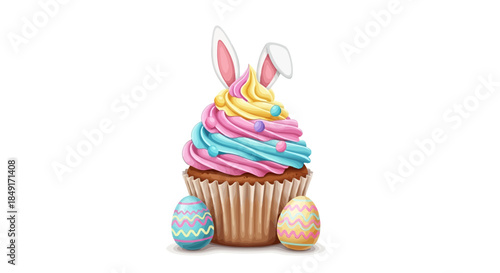 A delightful easter cupcake with bunny ears and pastel frosting, accompanied by two vibrant decorated eggs Vector
