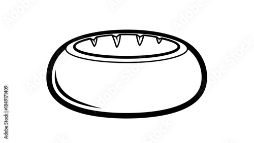Simple black and white cartoon illustration of a classic round pet bowl with sharp teeth design