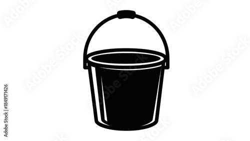 Simple black and white silhouette illustration of a classic bucket with handle for minimalist