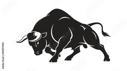 Dynamic Black and White Silhouette of Charging Bull Depicting Power and Strength