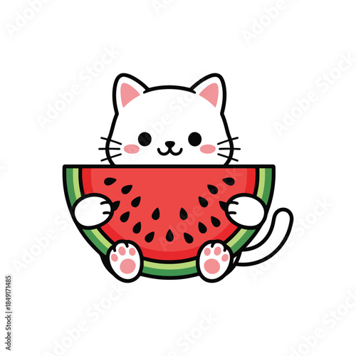 Cute cartoon cat holding a slice of watermelon