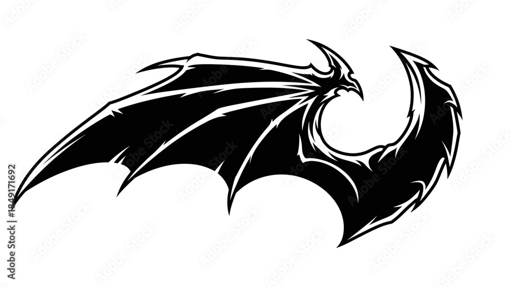 Naklejka premium Stylized black and white mythical dragon wing illustration emphasizing fantasy creature design