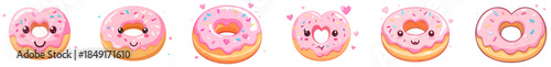 Kawaii Valentine Donut Characters Vector Set – Cute Flat Cartoon Pink Frosted Doughnuts with Hearts