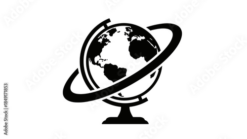 Minimalist monochrome globe illustration with planetary orbit emphasizing global connectivity and